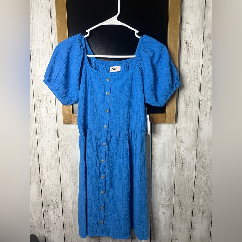 SO Kohl’s Blue Button Front Woven Dress Short Sleeve Girls L 10-12 NEW